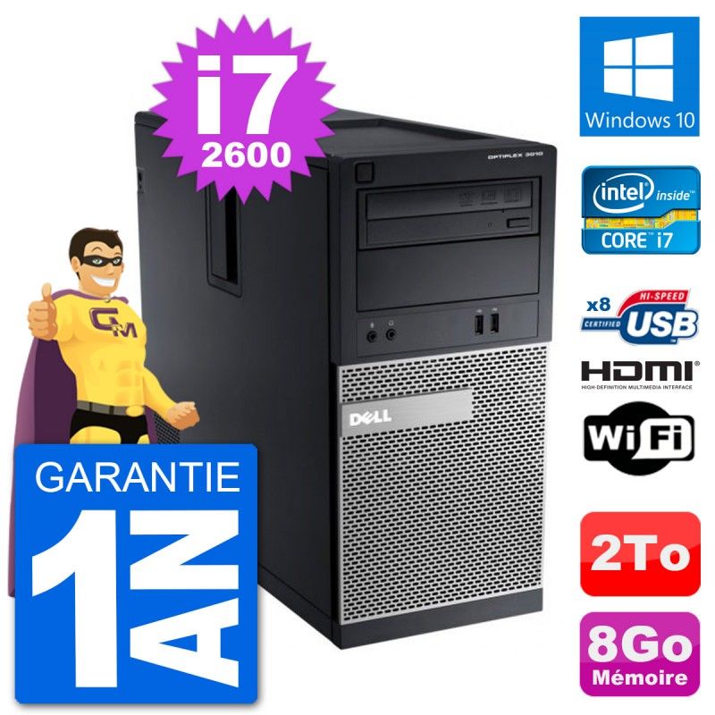 PC de escritorio Dell Optiplex 3010 MT - i7-2600, 8GB RAM, 2TB HDD, HDMI, Windows 10, Wifi