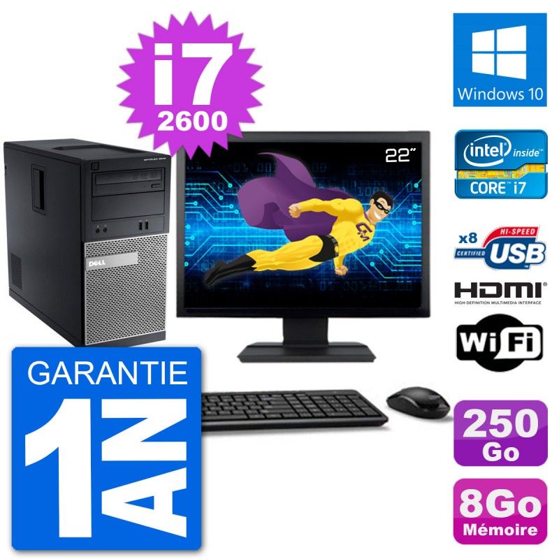 Dell Optiplex 3010 MT Desktop PC - 22" Screen, i7-2600, 8GB RAM, 250GB HDD, HDMI, Windows 10, Wi-Fi