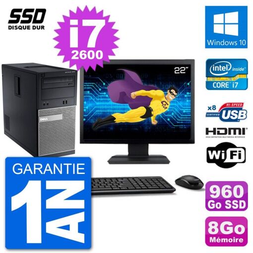 PC de escritorio Dell Optiplex 3010 MT - Pantalla de 22', Intel Core i7-2600, 8 GB RAM, 960 GB SSD, HDMI, Windows 10, Wifi