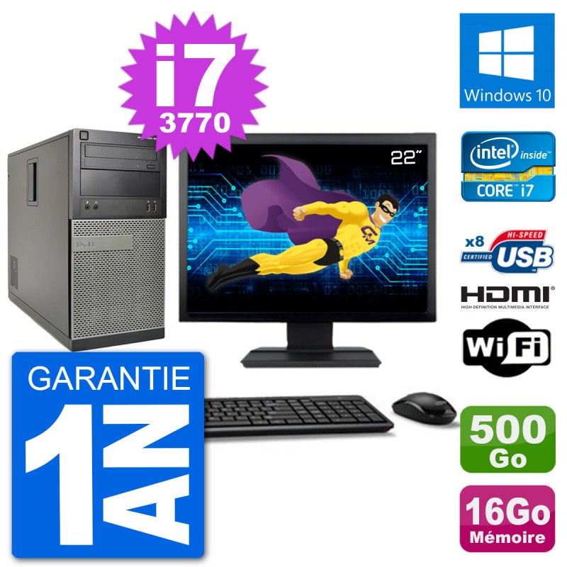 Dell Optiplex 3010 MT Desktop PC - 22" Screen, i7-3770, 16GB RAM, 500GB HDD, HDMI, Windows 10, WiFi