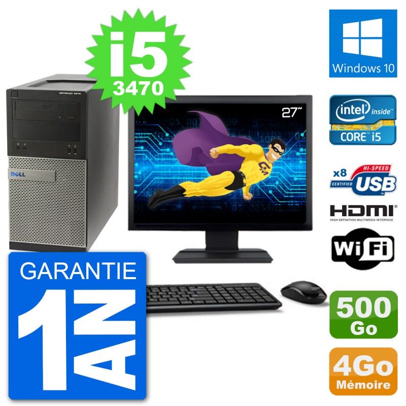 Dell Optiplex 3010 MT Desktop PC - 27" Screen, i5-3470, 4GB RAM, 500GB HDD, HDMI, Windows 10, WiFi