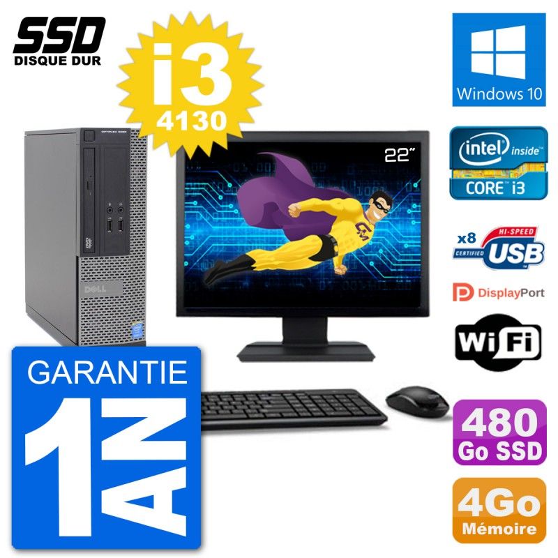 Dell Optiplex 3020 SFF PC - 22" Screen, i3-4130, 4GB RAM, 480GB SSD, Windows 10, Wifi