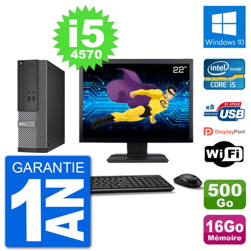 Ordinateur de bureau Dell Optiplex 3020 SFF - Écran 22'', Intel Core i5-4570, 16 Go RAM, 500 Go SSD, Windows 10, Wifi