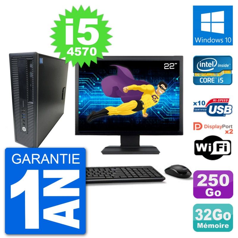 HP EliteDesk 800 G1 Desktop Computer, 22" Screen, Core i5-4570, 32GB RAM, 250GB HDD, Windows 10, Wifi