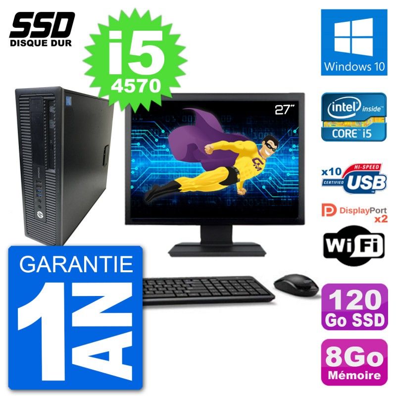 Ordinateur de bureau HP EliteDesk 800 G1 - Écran 27'', Intel Core i5-4570, 8 Go de RAM, 120 Go SSD, Windows 10, Wi-Fi
