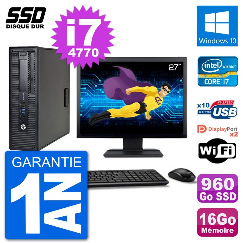 HP EliteDesk 800 G1 Desktop Computer - 27-inch Screen, Core i7-4770, 16GB RAM, 960GB SSD, Windows 10, WiFi