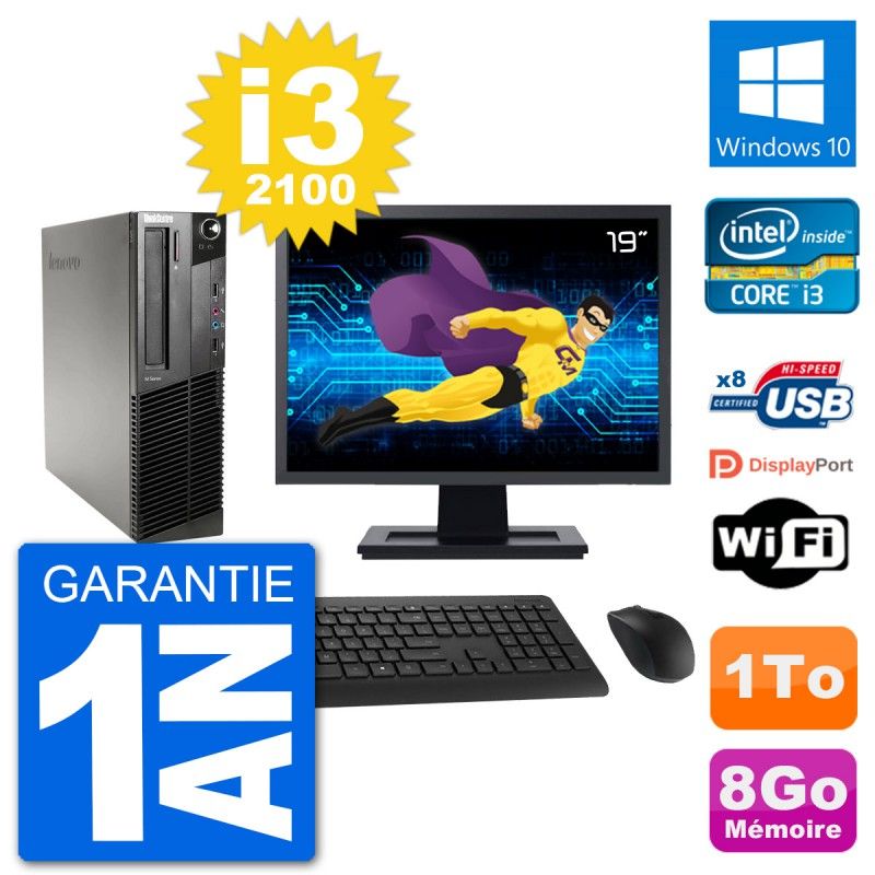 Lenovo M91p SFF Desktop PC - 19" Screen, Intel i3-2100, 8GB RAM, 1TB HDD, Windows 10, WiFi