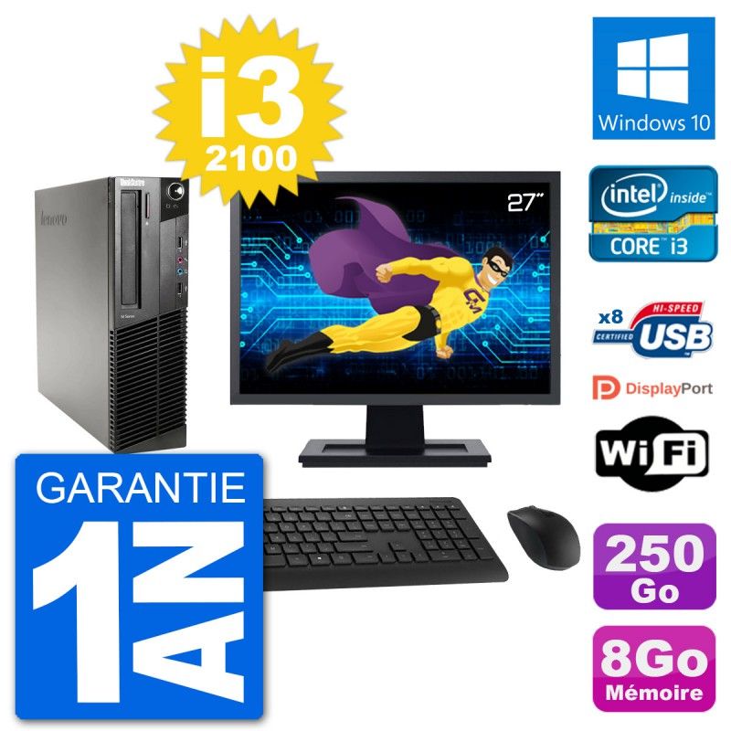 Lenovo M91p SFF Desktop Computer, 27" Screen, Intel i3-2100, 8GB RAM, 250GB HDD, Windows 10, WiFi