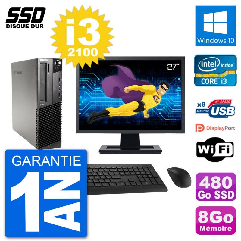 Lenovo M91p SFF Desktop Computer - 27" Screen, Intel i3-2100, 8GB RAM, 480GB SSD, Windows 10, WiFi