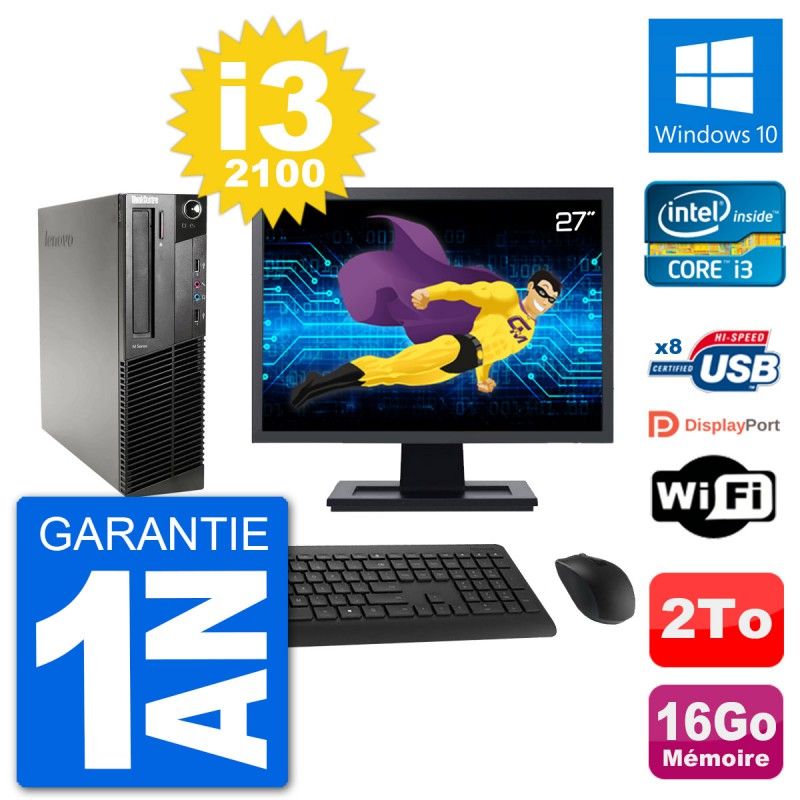 Lenovo M91p SFF Desktop Computer, 27" Screen, Intel i3-2100, 16GB RAM, 2TB HDD, Windows 10, Wifi