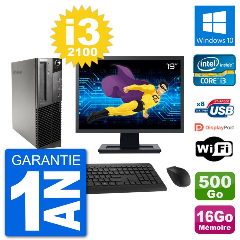 Lenovo M91p SFF Desktop Computer, 19" Screen, Intel i3-2100, 16GB RAM, 500GB HDD, Windows 10, WiFi