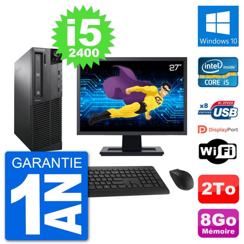 Lenovo M91p SFF Computer - 27" Screen, Intel i5-2400, 8GB RAM, 2TB Hard Drive, Windows 10, WiFi