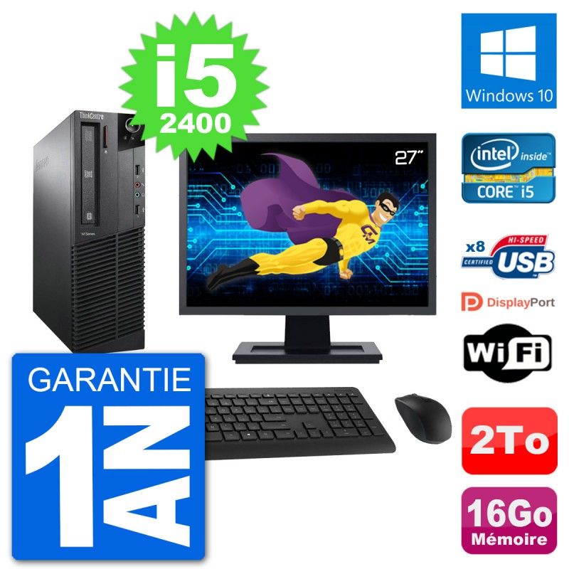 Lenovo M91p SFF Desktop Computer, 27" Screen, Intel i5-2400, 16GB RAM, 2TB Hard Drive, Windows 10, Wifi