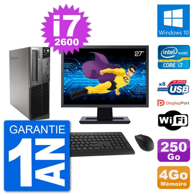 Lenovo M91p SFF Desktop Computer, 27" Screen, Intel i7-2600, 4GB RAM, 250GB HDD, Windows 10, WiFi