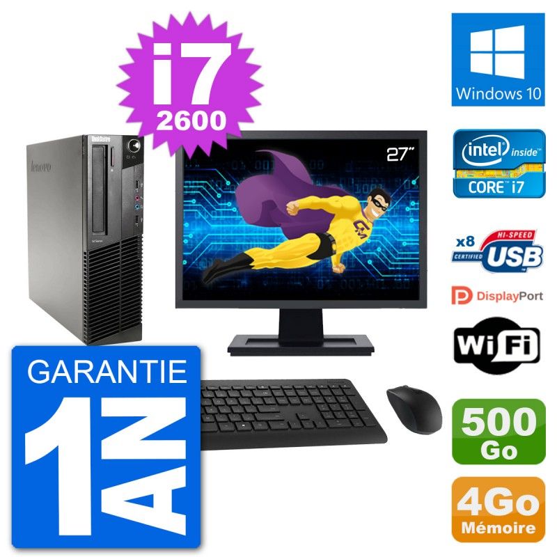Lenovo M91p SFF Desktop Computer - 27" Screen, Intel i7-2600, 4GB RAM, 500GB Hard Drive, Windows 10, WiFi
