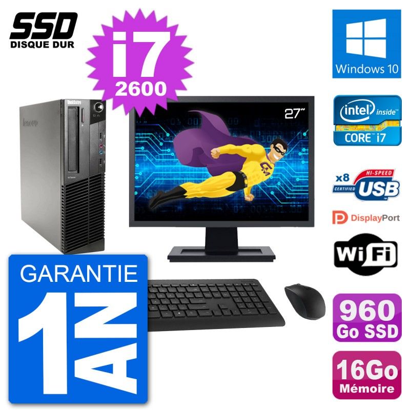 Lenovo M91p SFF Desktop Computer | 27" Screen | Intel i7-2600 | 16GB RAM | 960GB SSD | Windows 10
