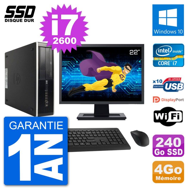 HP 8200 Elite SFF Computer - 22" Screen, Intel i7-2600, 4GB RAM, 240GB SSD, Windows 10, WiFi