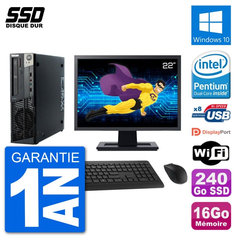 Lenovo M92p SFF Desktop PC - 22" Screen, Intel G630, 16GB RAM, 240GB SSD, Windows 10, WiFi