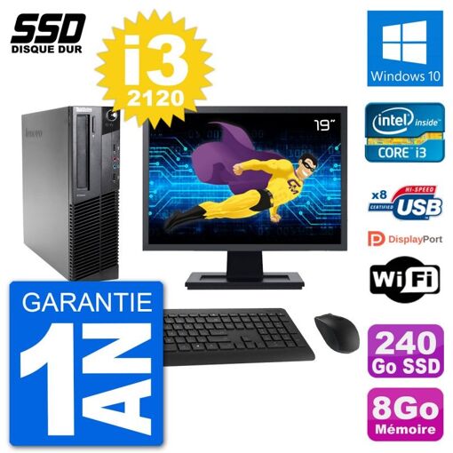 Computadora de escritorio Lenovo M92p SFF, pantalla de 19'', procesador Intel i3-2120, 8GB de RAM, SSD de 240GB, Windows 10, Wifi