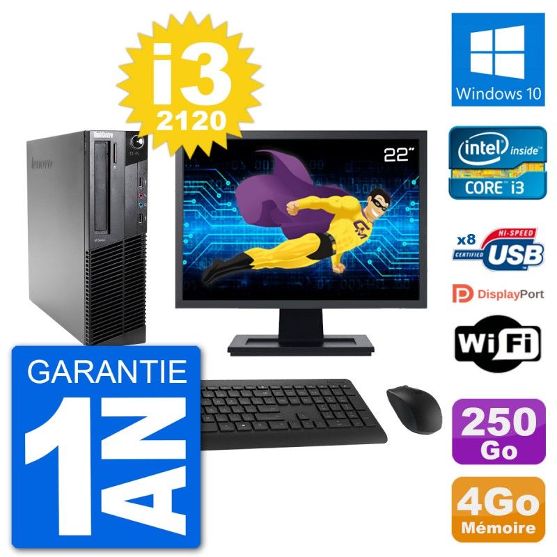 Lenovo M92p SFF Desktop PC - 22" Screen, Intel i3-2120, 4GB RAM, 250GB Hard Drive, Windows 10, WiFi