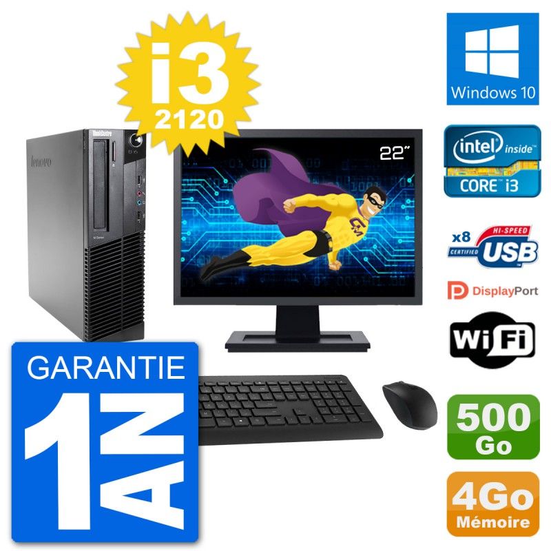 Lenovo M92p SFF Desktop Computer, 22" Screen, Intel i3-2120, 4GB RAM, 500GB HDD, Windows 10, WiFi