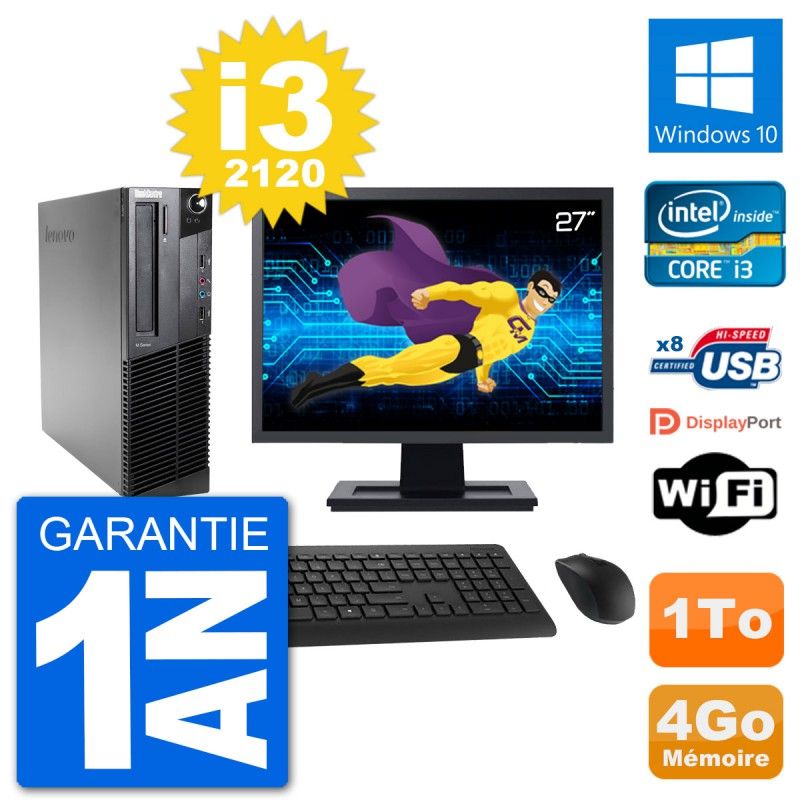 Lenovo M92p SFF Desktop Computer, 27" Screen, Intel i3-2120, 4GB RAM, 1TB HDD, Windows 10, WiFi