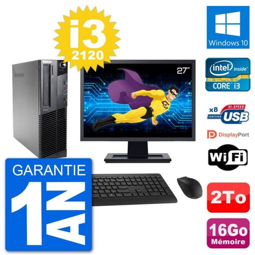 Computadora de escritorio Lenovo M92p SFF - Pantalla de 27", Procesador Intel i3-2120, 16 GB RAM, Disco duro de 2 TB, Windows 10, WiFi