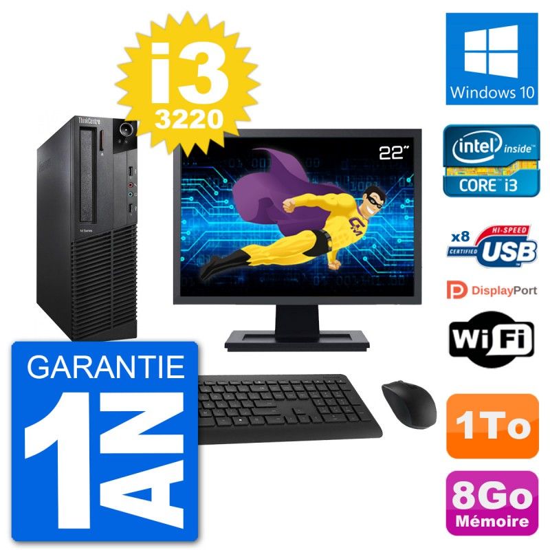 Lenovo M92p SFF Desktop Computer, 22" Screen, Intel i3-3220, 8GB RAM, 1TB HDD, Windows 10, WiFi