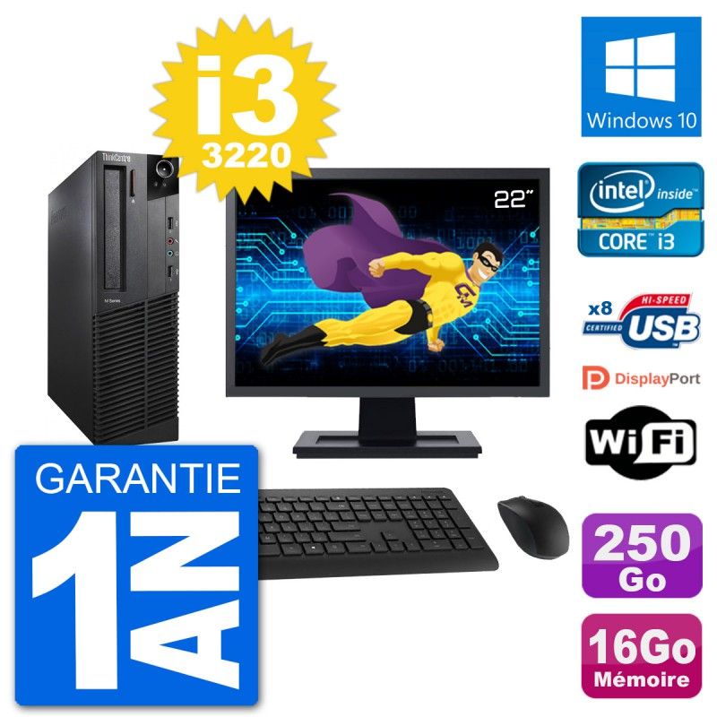 Lenovo M92p SFF Desktop Computer, 22" Screen, Intel i3-3220, 16GB RAM, 250GB SSD, Windows 10, WiFi