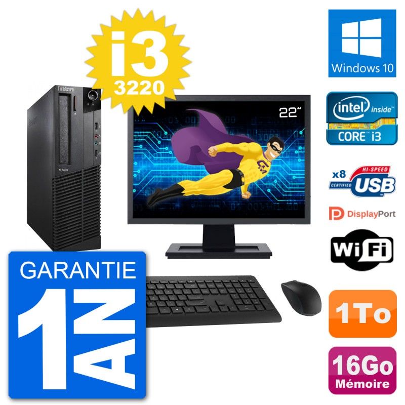 Lenovo M92p SFF Desktop Computer, 22" Screen, Intel i3-3220, 16GB RAM, 1TB HDD, Windows 10, WiFi