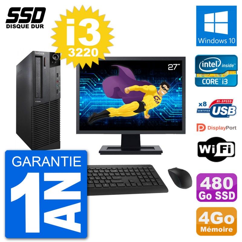 Lenovo M92p SFF Desktop Computer | 27" Screen | Intel i3-3220 | 4GB RAM | 480GB SSD | Windows 10 | WiFi