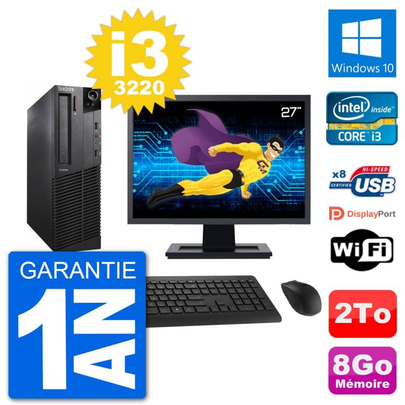Lenovo M92p SFF Desktop Computer, 27" Screen, Intel i3-3220, 8GB RAM, 2TB HDD, Windows 10, WiFi