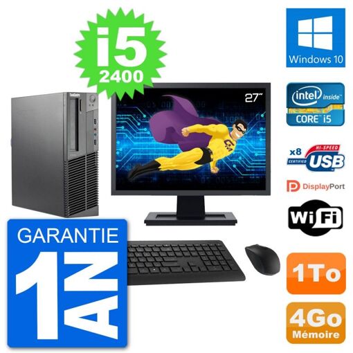 Computadora de escritorio Lenovo M92p SFF, pantalla de 27', procesador Intel i5-2400, 4 GB de RAM, disco duro de 1 TB, Windows 10, WiFi