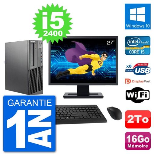Computadora de escritorio Lenovo M92p SFF, pantalla de 27", procesador Intel i5-2400, 16 GB de RAM, disco duro de 2 TB, Windows 10, WiFi
