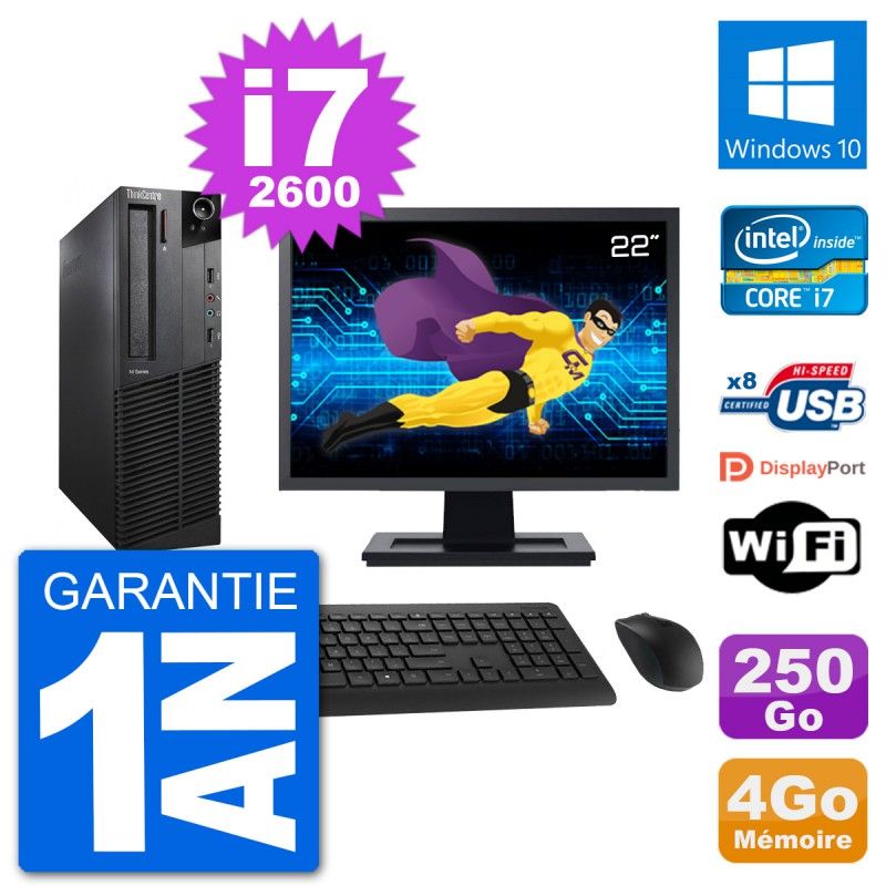 Lenovo M92p SFF Desktop Computer - 22" Screen, Intel i7-2600, 4GB RAM, 250GB HDD, Windows 10, WiFi