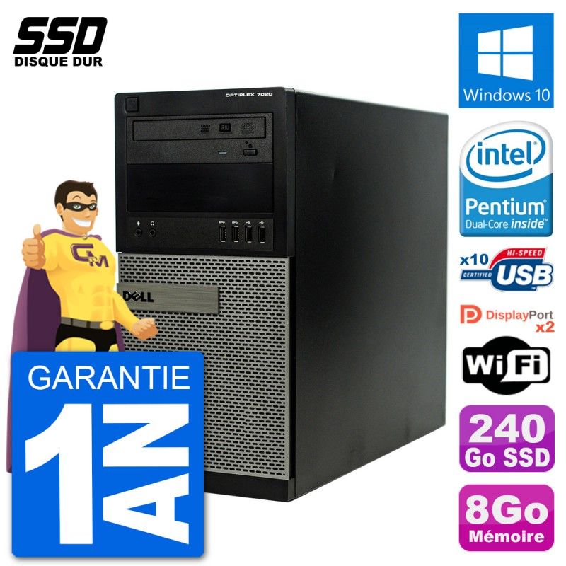 Dell Optiplex 7020 Desktop Computer - Intel Pentium G3220, 8GB RAM, 240GB SSD, Windows 10, WiFi
