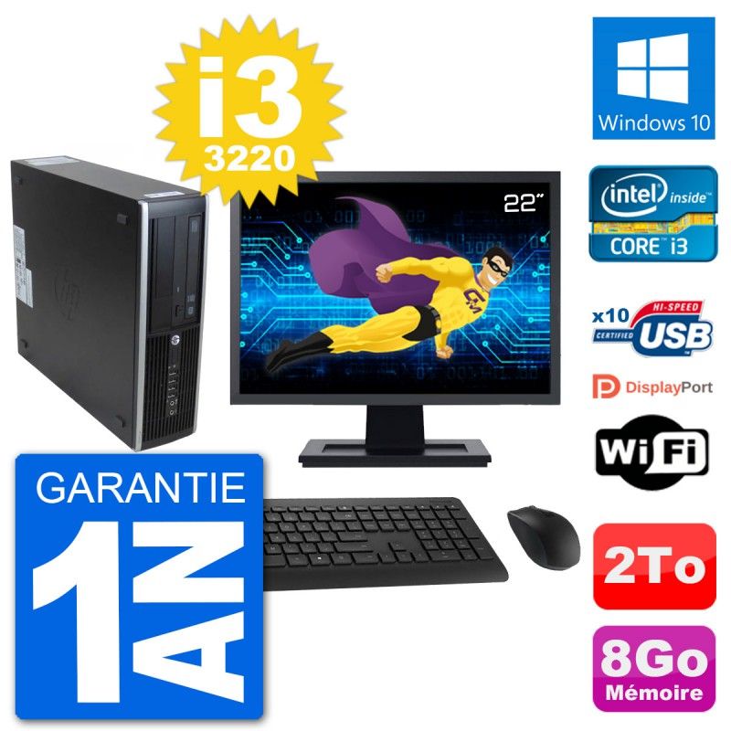 Ordinateur de bureau HP 8300 SFF - Écran 22'', Intel i3-3220, 8 Go de RAM, Disque dur 2 To, Windows 10, WiFi