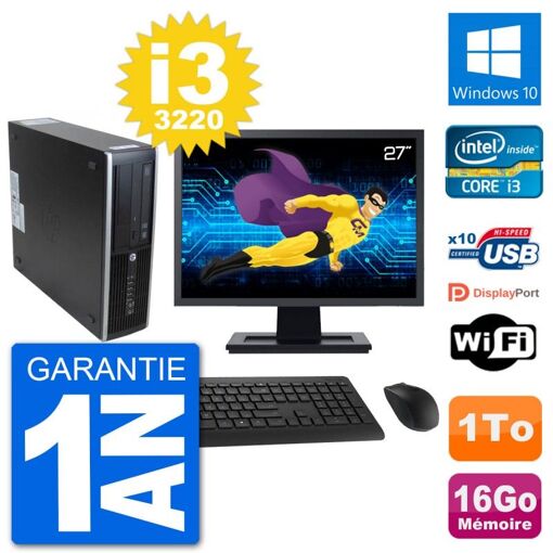 PC de sobremesa HP 8300 Elite SFF - Pantalla de 27'', Intel i3-3220, 16 GB RAM, 1 TB HDD, Windows 10, WiFi