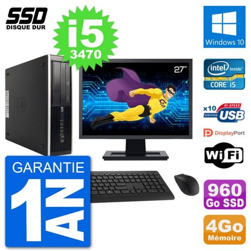 PC HP 8300 Elite SFF | Pantalla de 27" | Intel i5-3470 | 4GB RAM | 960GB SSD | Windows 10 | WiFi
