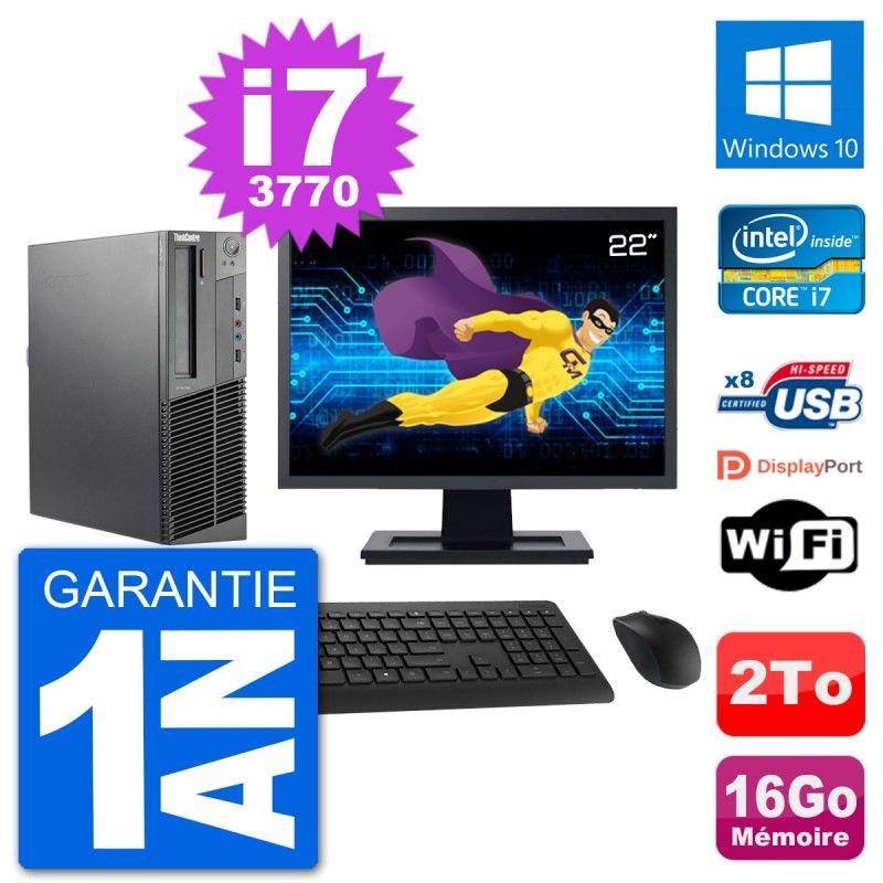 Lenovo M92p SFF Desktop Computer, 22" Screen, Intel i7-3770, 16GB RAM, 2TB HDD, Windows 10, WiFi