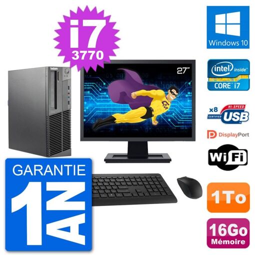 Computadora de escritorio Lenovo M92p SFF, pantalla de 27', procesador Intel i7-3770, 16GB de RAM, 1TB HDD, Windows 10, WiFi