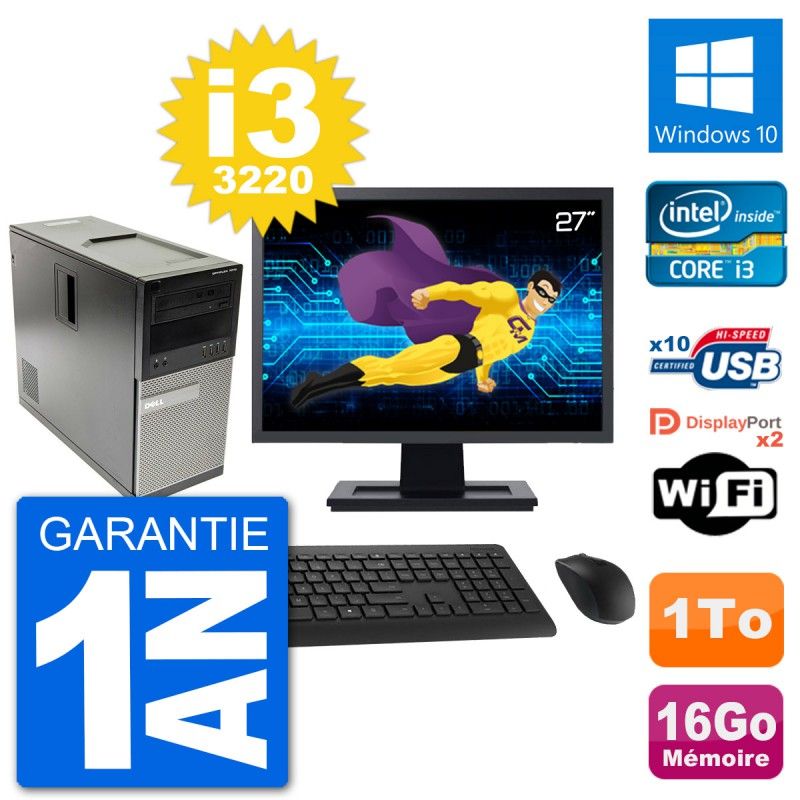 Dell Optiplex 7010 Desktop Computer, 27" Screen, Intel i3-3220, 16GB RAM, 1TB HDD, Windows 10, WiFi