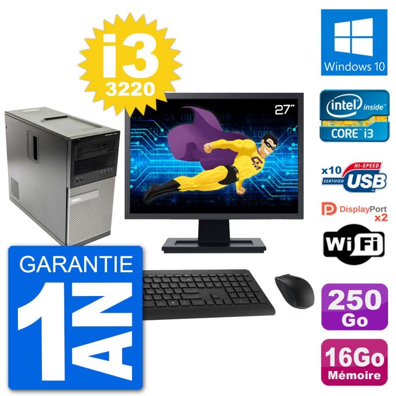 Dell Optiplex 7010 Desktop Computer, 27" Screen, Intel i3-3220, 16GB RAM, 250GB HDD, Windows 10, WiFi