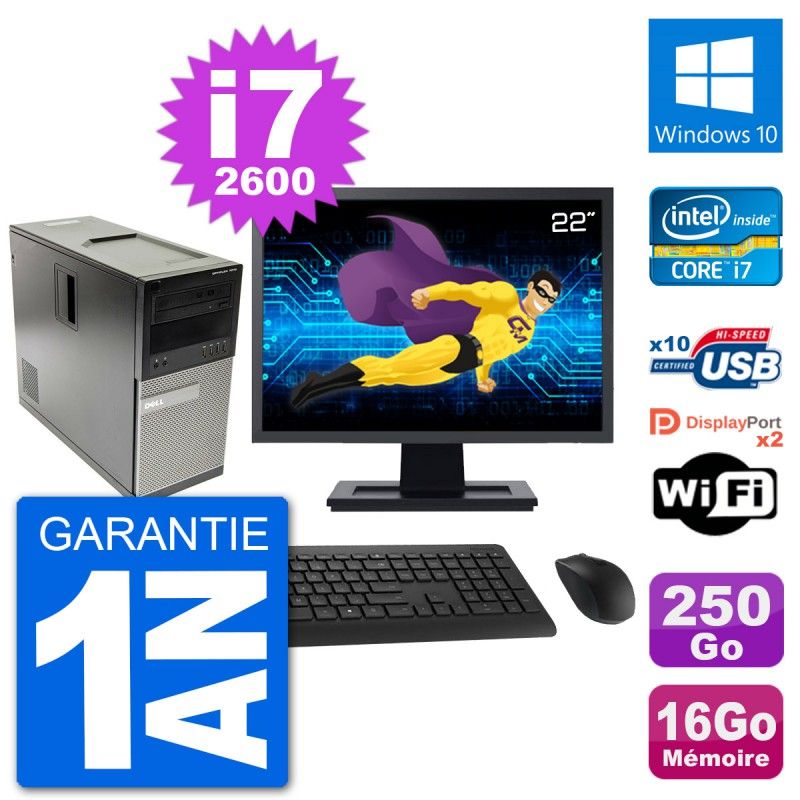 Dell Optiplex 7010 Desktop PC - 22" Screen, Intel i7-2600, 16GB RAM, 250GB HDD, Windows 10, WiFi