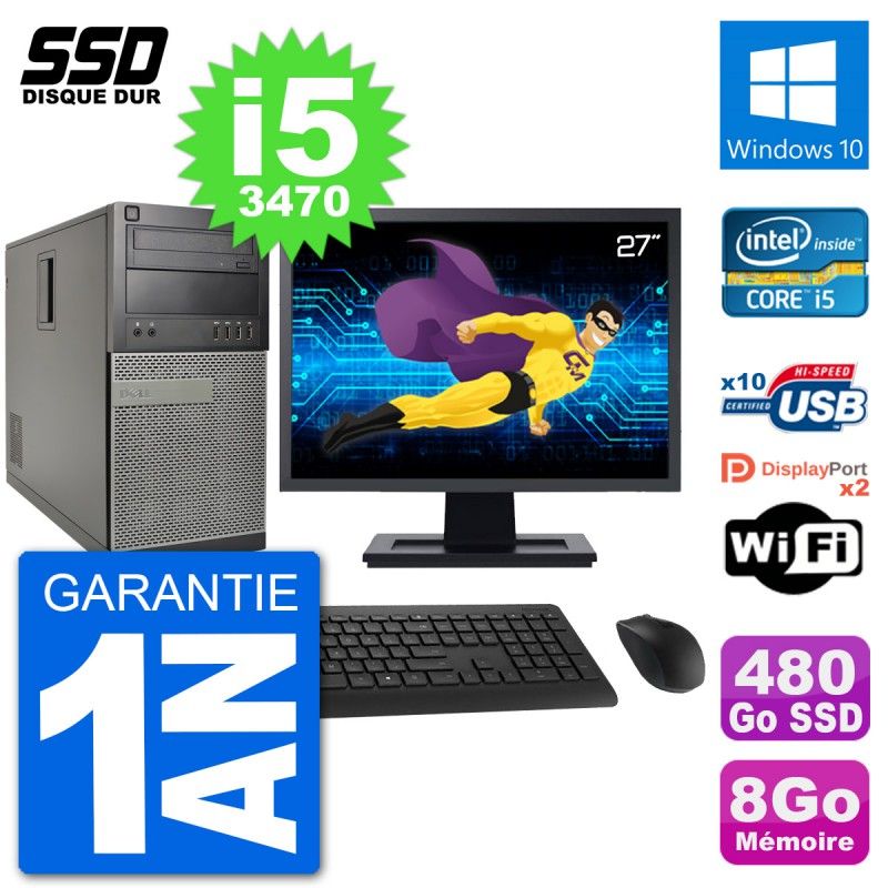 Dell Optiplex 7010 Desktop Computer, 27" Screen, Intel Core i5-3470, 8GB RAM, 480GB SSD, Windows 10, WiFi