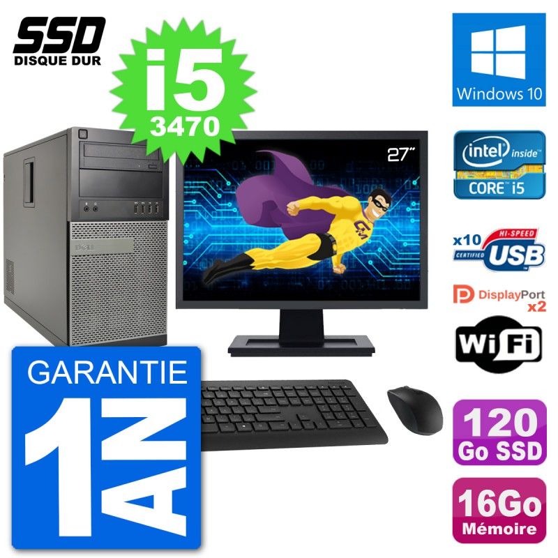 Dell Optiplex 7010 Desktop PC - 27" Screen, Intel i5-3470, 16GB RAM, 120GB SSD, Windows 10, WiFi