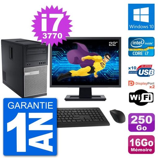PC de escritorio Dell Optiplex 7010 - Pantalla de 22', Intel i7-3770, 16GB RAM, 250GB HDD, Windows 10, WiFi
