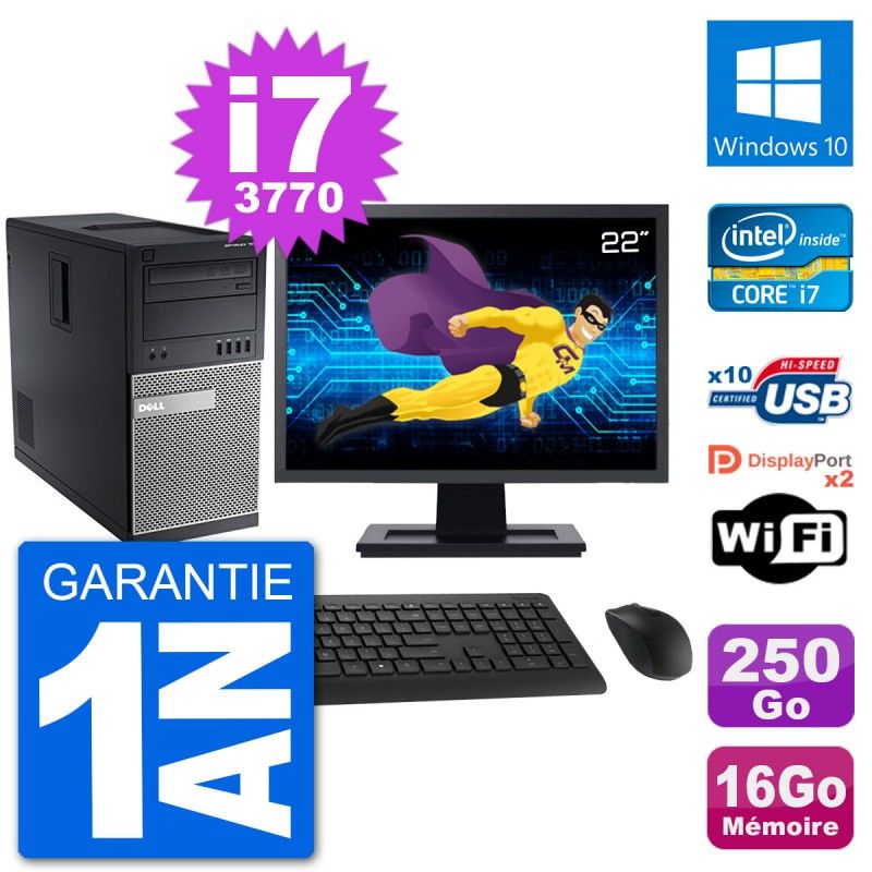 Dell Optiplex 7010 Desktop PC - 22" Screen, Intel i7-3770, 16GB RAM, 250GB HDD, Windows 10, WiFi