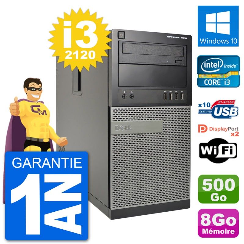 Ordinateur de bureau Dell Optiplex 7010 - Processeur Intel Core i3-2120, 8 Go de RAM, 500 Go SSD, Windows 10, WiFi