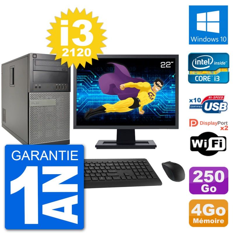 Dell Optiplex 7010 Desktop PC - 22" Screen, Intel i3-2120, 4GB RAM, 250GB HDD, Windows 10, WiFi